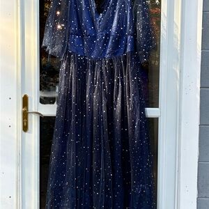 NWOT Elegant Navy Blue Dress with Moon and Star Sparkling Accents w/Matching Hat